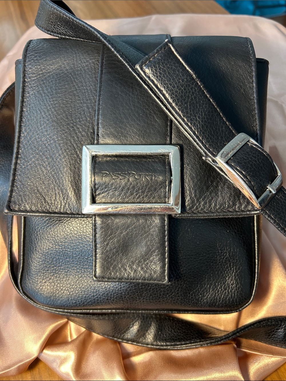 Passports Black Leather Crossbody Bag with Silver Buckle